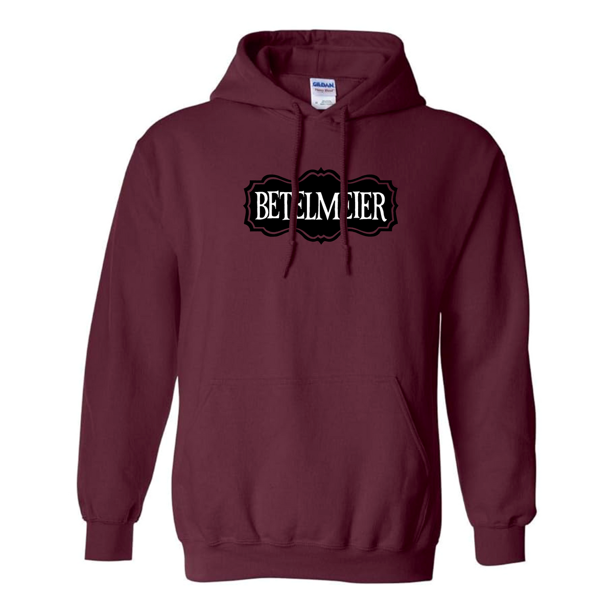Maroon hoodie with 'BETELMEIER' text on a white background