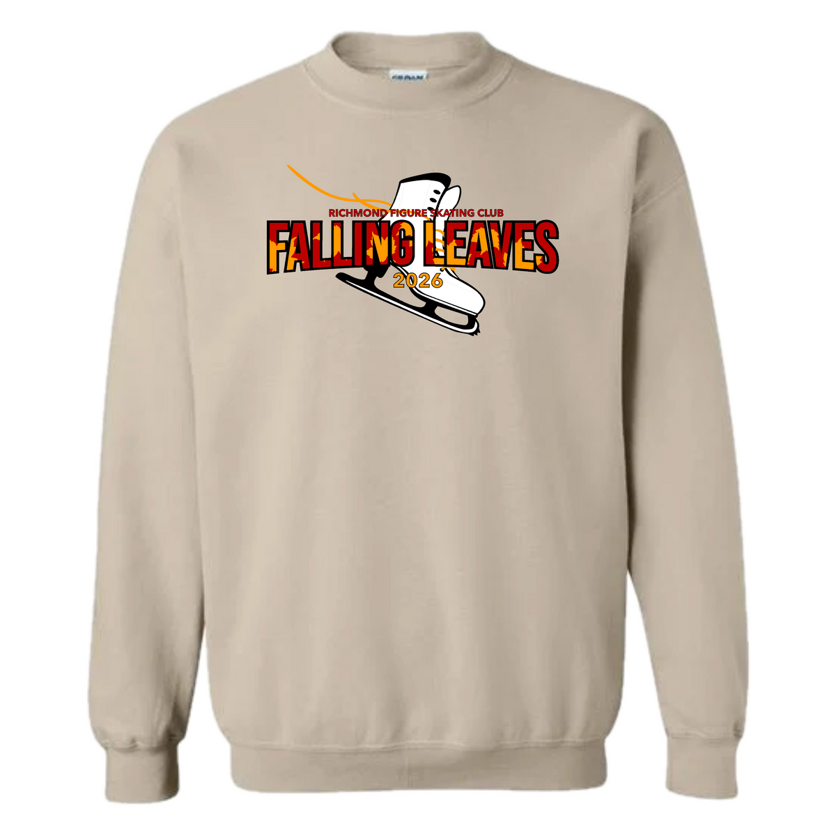 A beige crewneck sweatshirt featuring a graphic on the chest with the text 'FALLING LEAVES', and '2026'.