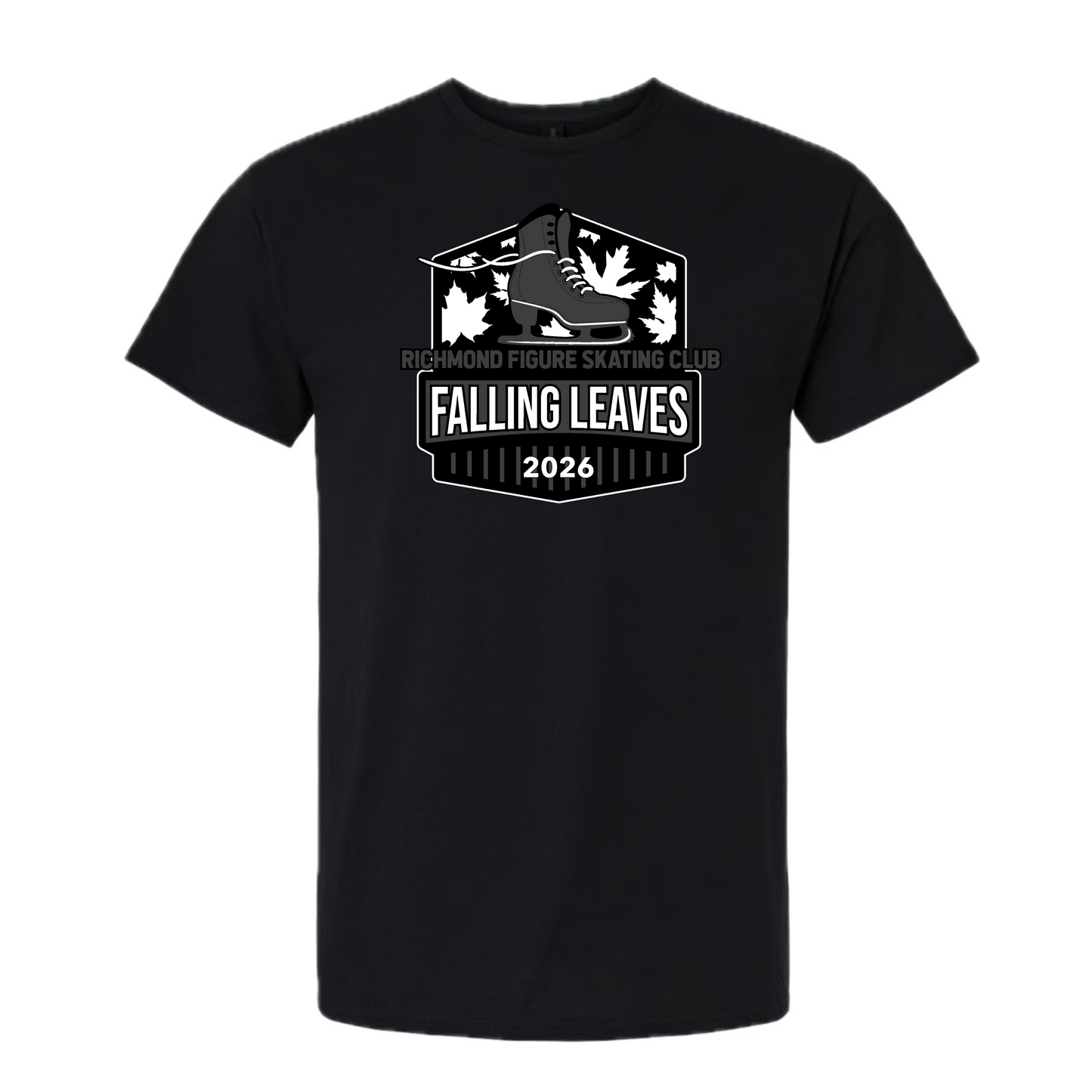 A black short-sleeve crewneck t-shirt featuring a white graphic print on the front. The graphic displays a hexagonal design with a figure skate, maple leaves, and the text 'RICHMOND FIGURE SKATING CLUB', 'FALLING LEAVES', and '2026'.