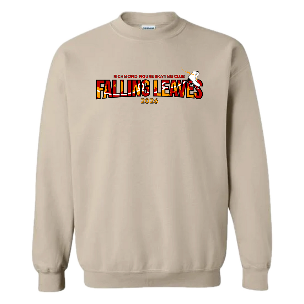 A beige crewneck sweatshirt featuring a graphic on the chest that reads 'RICHMOND FIGURE SKATING CLUB FALLING LEAVES 2026' in a red, orange, and yellow flame-filled font, with a figure skater illustration.