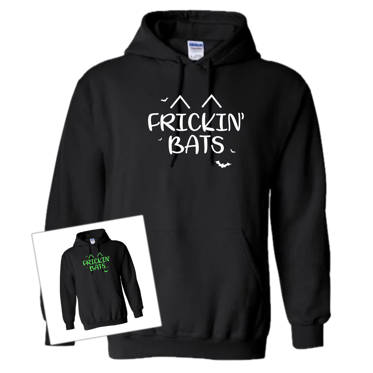 Black hoodie with 'FRICKIN' BATS' text and graphic on a white background