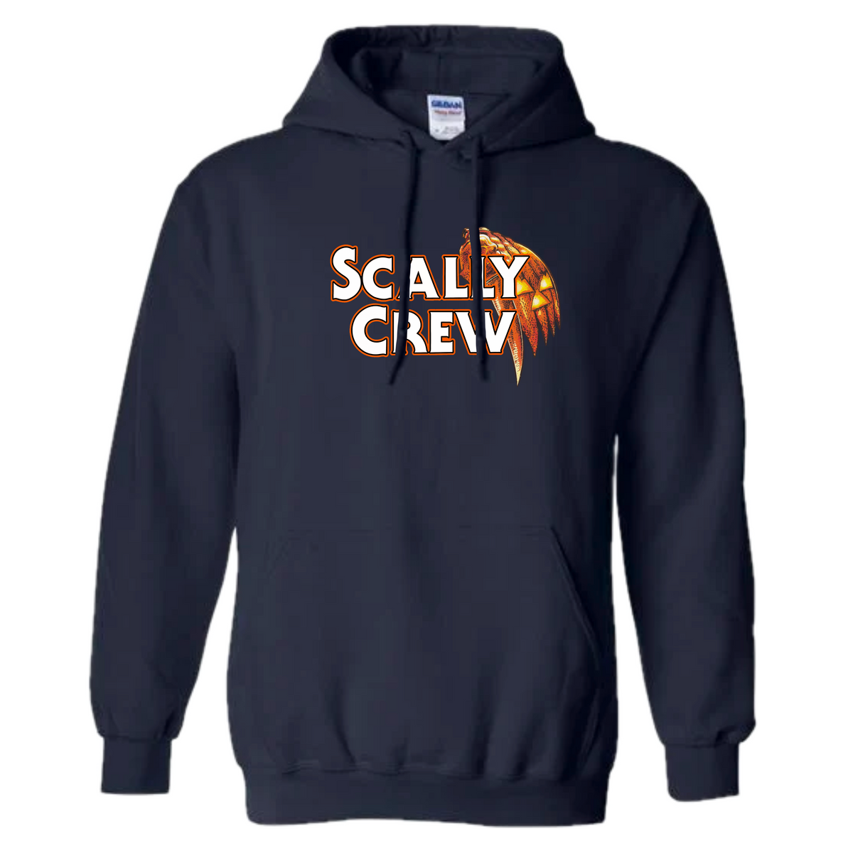 Navy blue hoodie with 'Scally Crew' text and logo on a white background