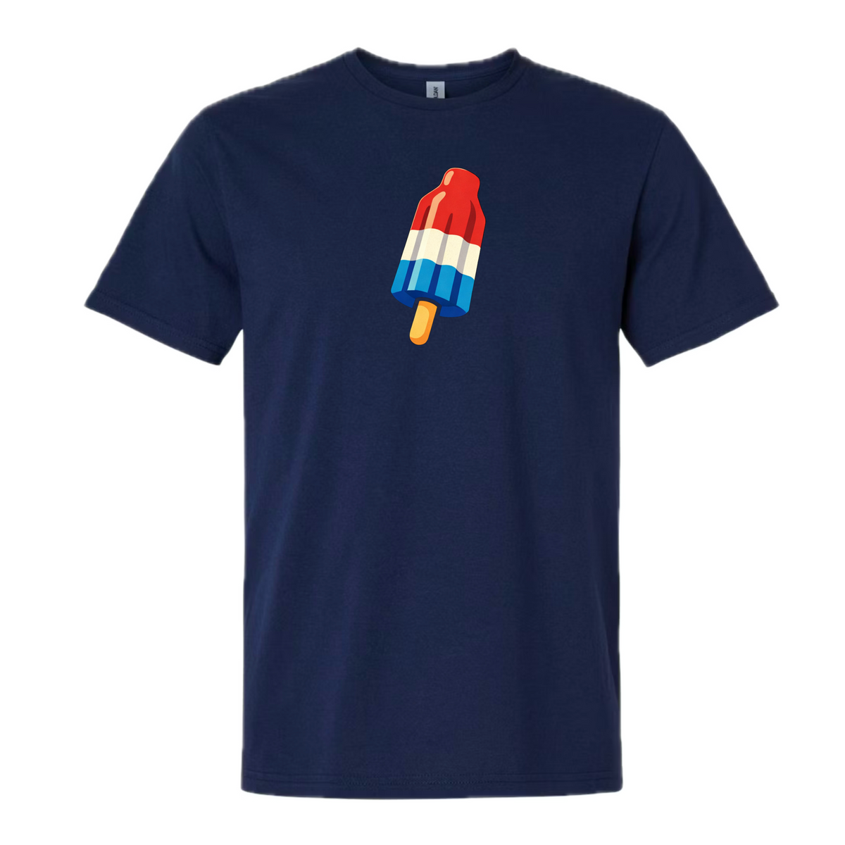 Navy blue t-shirt with a colorful popsicle graphic on a white background