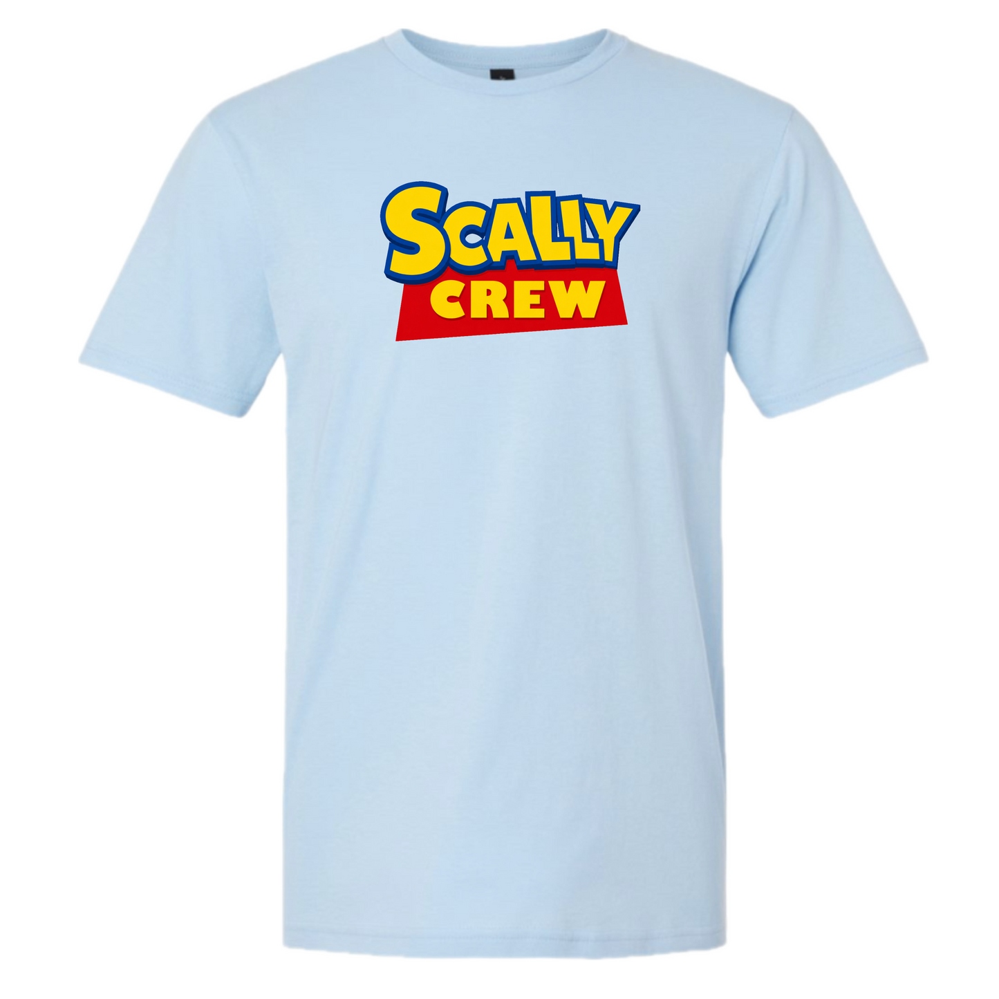 Light blue t-shirt with a childlike Scally Crew logo over a white background