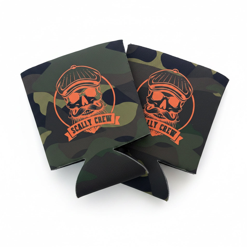 camouflage Koozie with orange Scally Crew logo on a white background