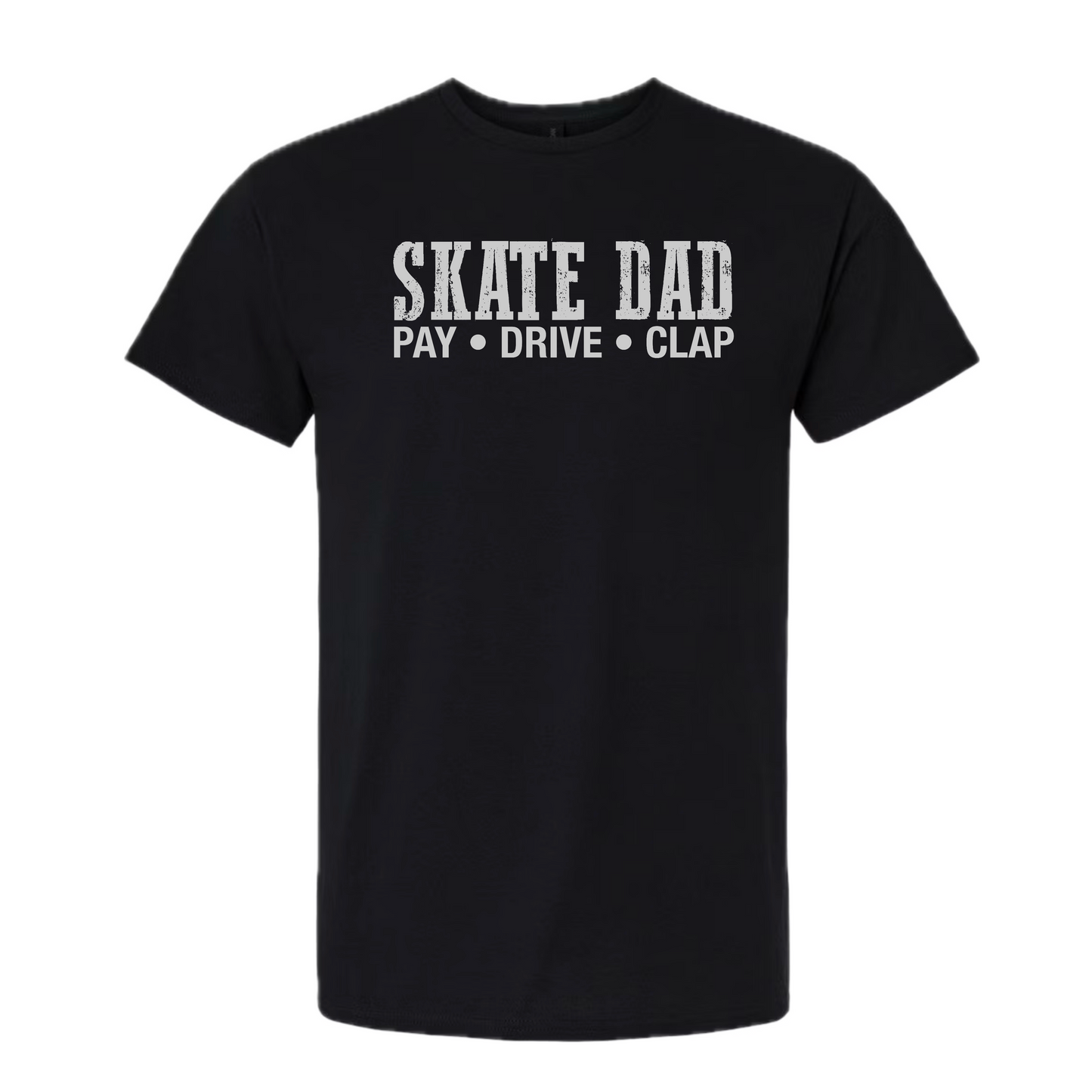 Black t-shirt with 'SKATE DAD' text on a white background