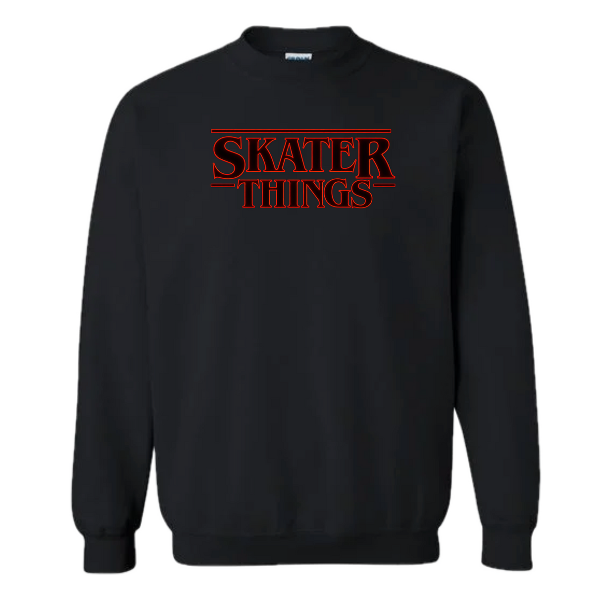 A black crewneck sweatshirt featuring the text 'SKATER THINGS' printed on the chest in a red outline font