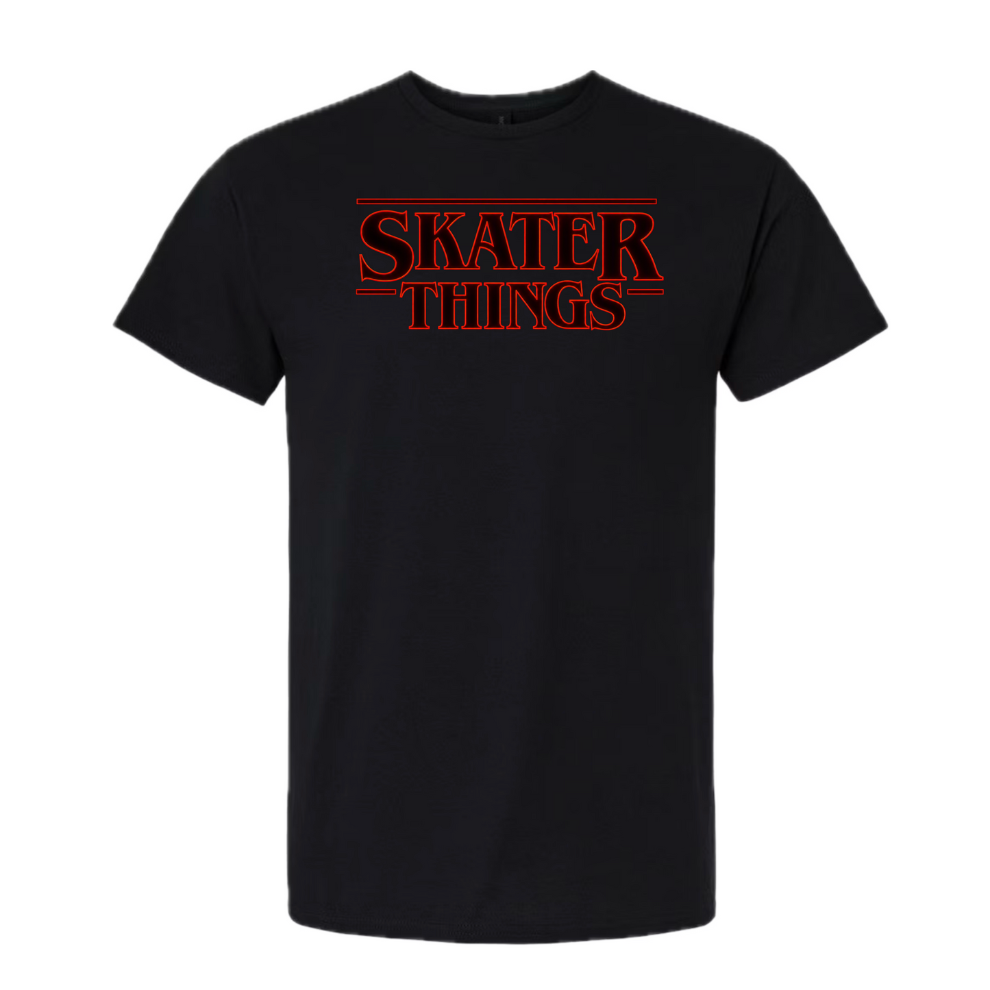 A black short-sleeve crewneck t-shirt featuring the words 'SKATER THINGS' printed across the chest in a red outline shown against a plain white background.