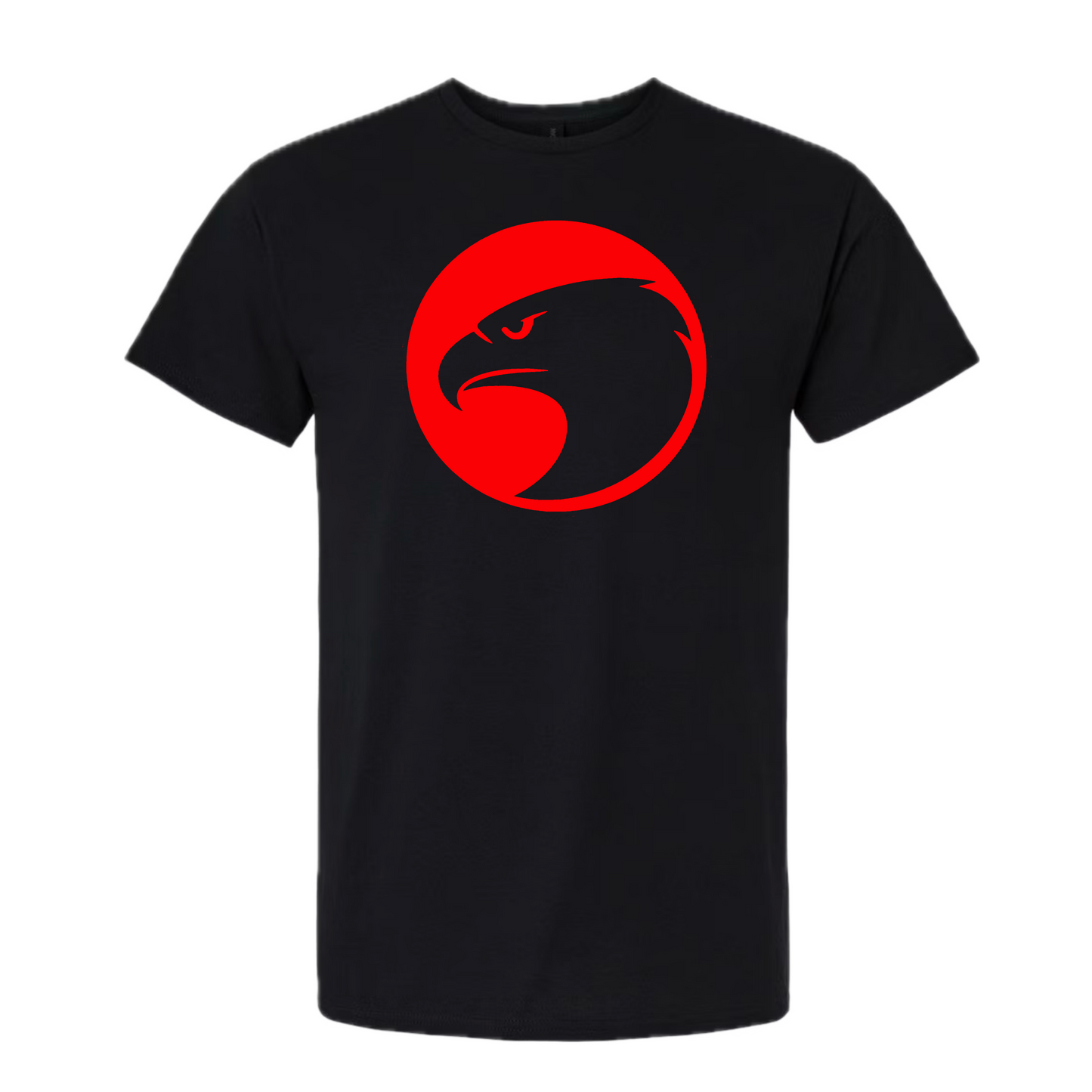 Black t-shirt with a red eagle logo on a white background
