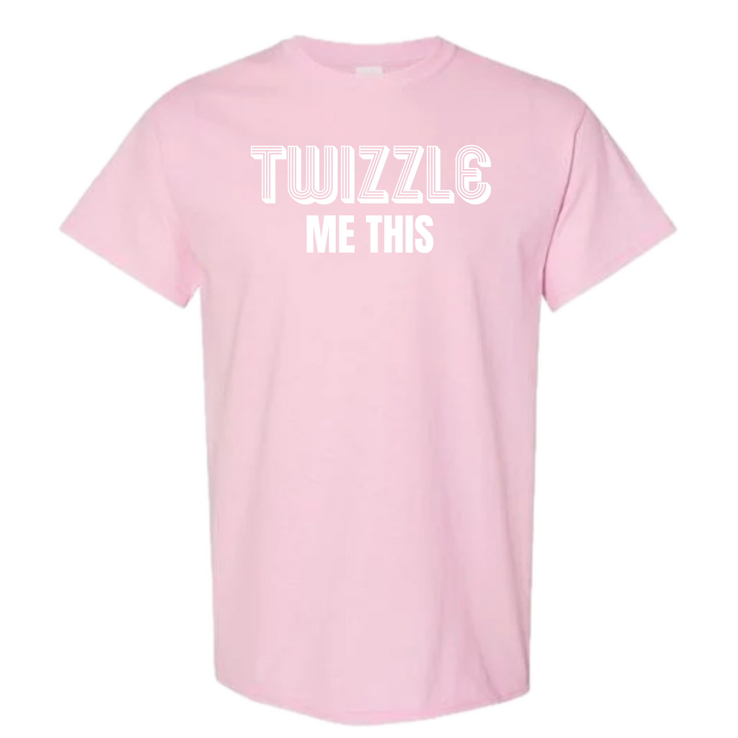 A light pink short-sleeve crewneck t-shirt with the phrase 'TWIZZLE ME THIS' printed in white block letters across the chest, displayed on a solid white background.