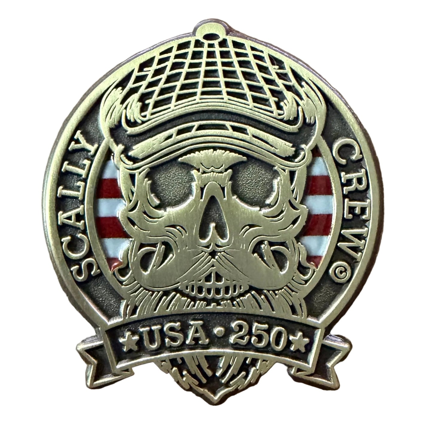 Logo with a stylized skull wearing a cap, featuring text and a flag design.