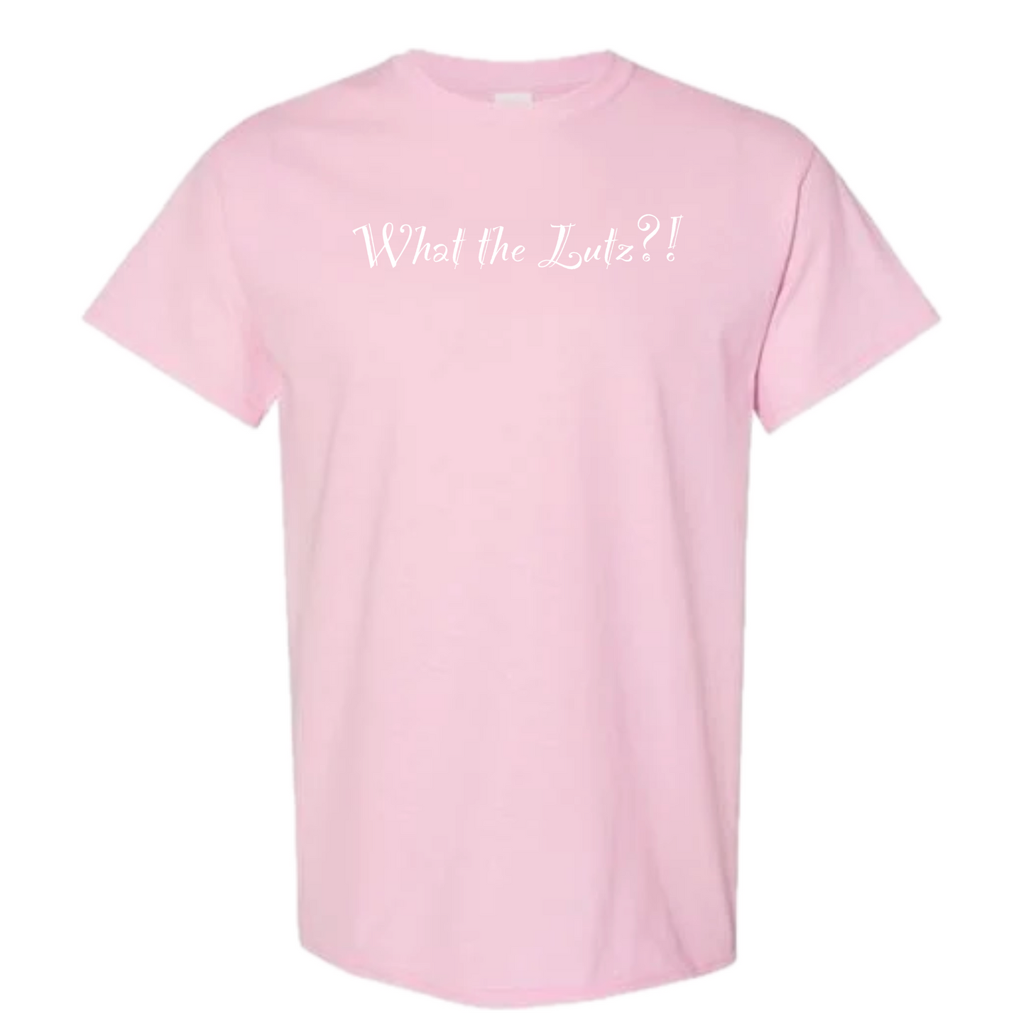 A light pink short-sleeve crewneck t-shirt with the phrase 'What the Lutz?!' printed in white cursive script across the chest, displayed on a solid white background.