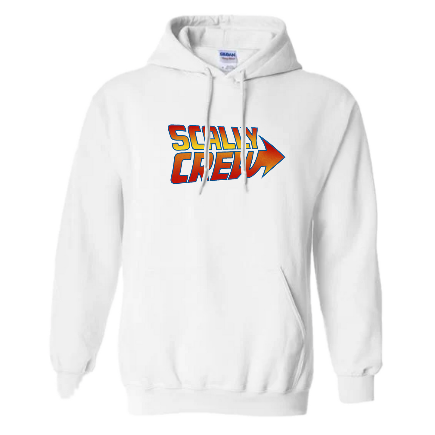 White hoodie with 'Scally Crew' text and logo on a white background