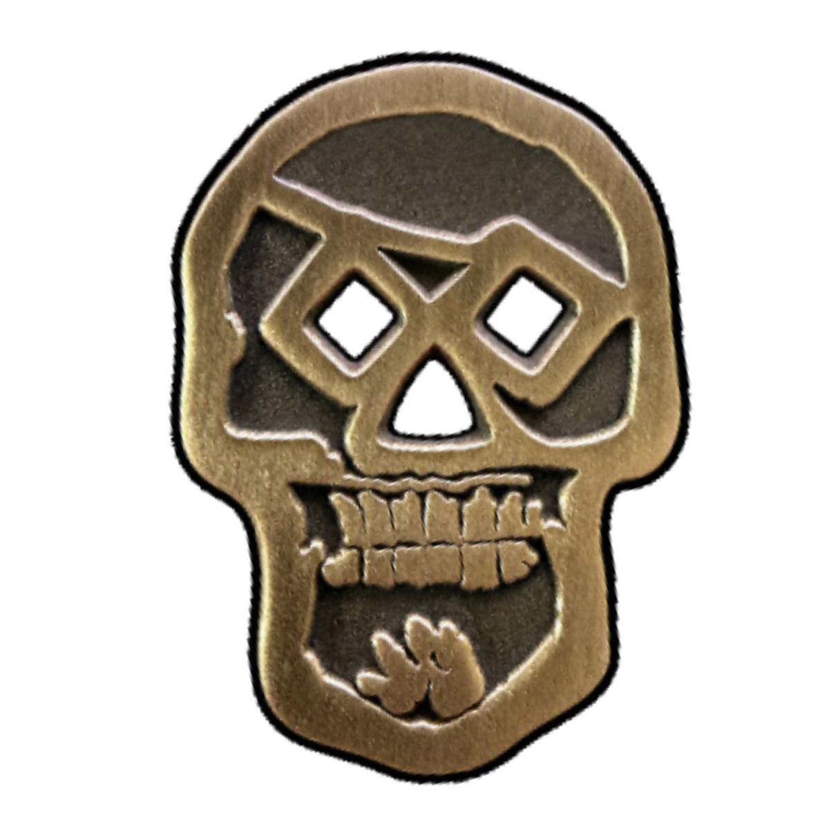 A skull-shaped patch with a metallic bronze finish and black embroidered border, shown on a plain white background.
