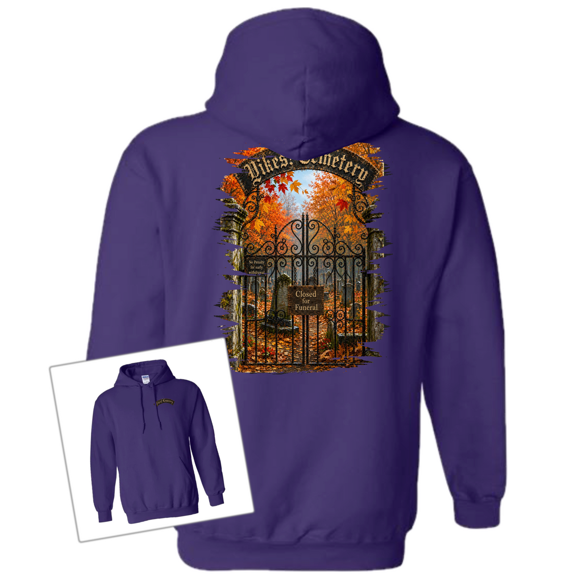 Purple hoodie with an illustration of a cemetery on a white background
