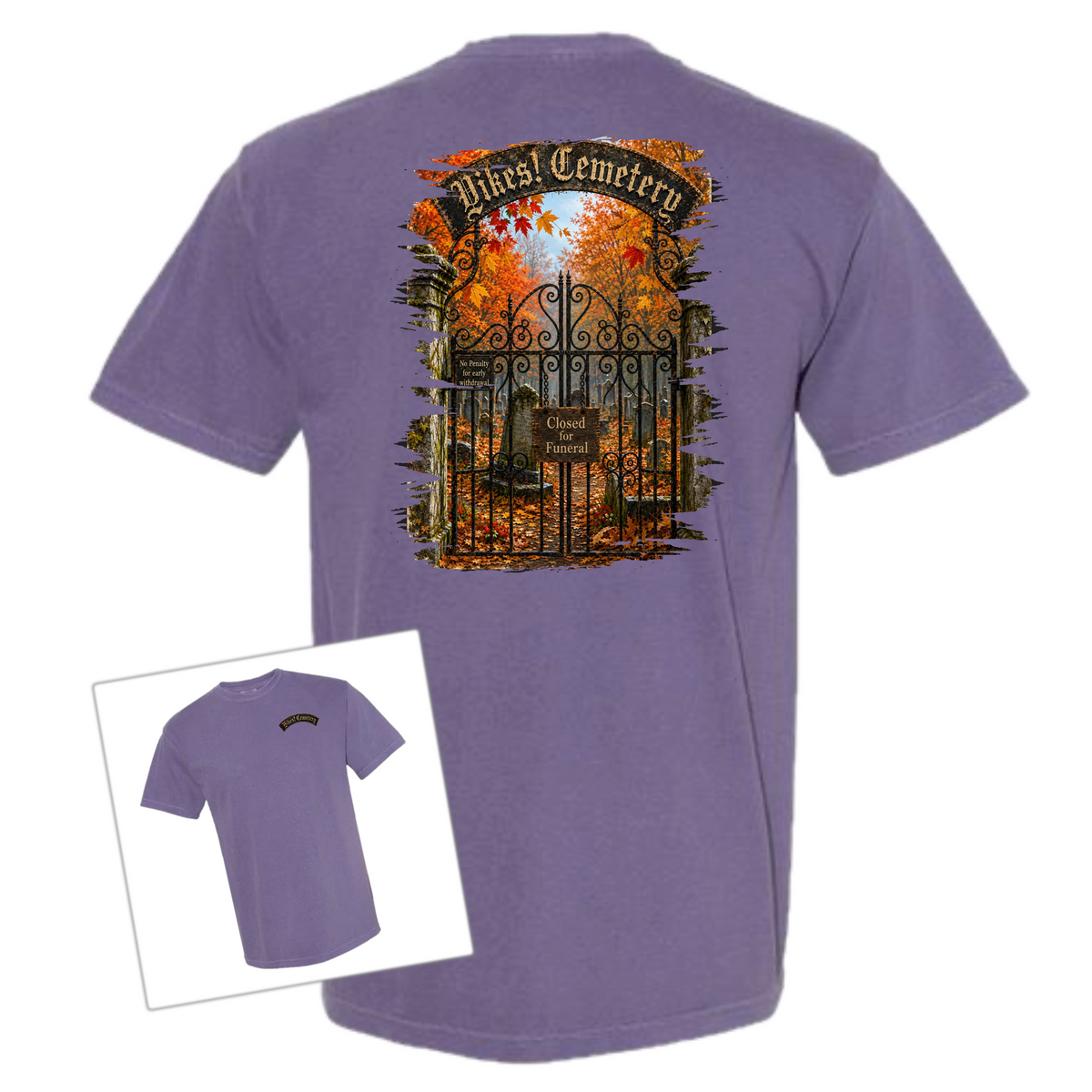 Purple t-shirt with an illustration of a cemetery on a white background