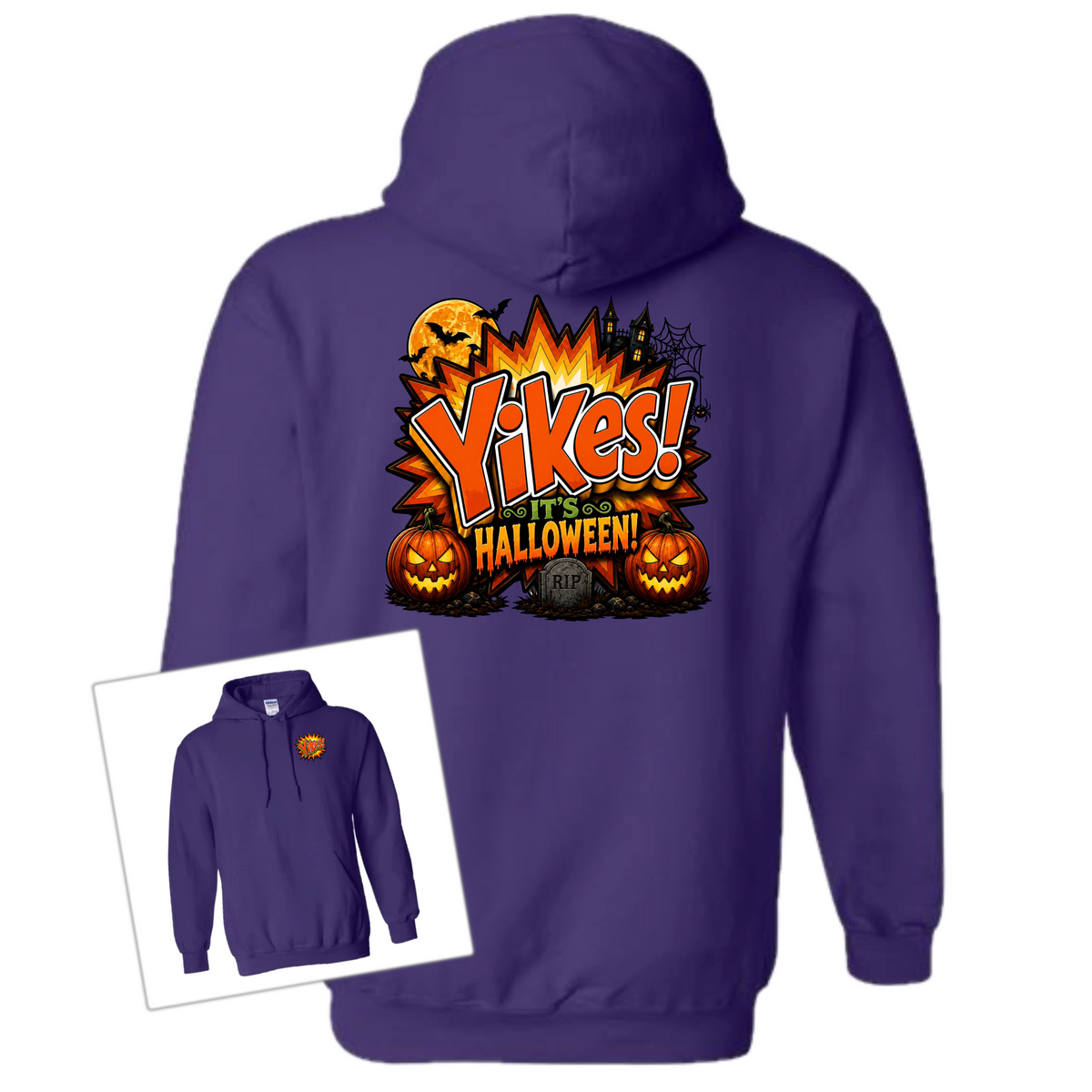 A purple pullover hoodie shown from the back, featuring a large Halloween graphic with the text 'Yikes! Halloween!' in orange and black, plus pumpkins and spooky artwork. A smaller inset at lower left shows the front view of the same hoodie with a small matching chest graphic.