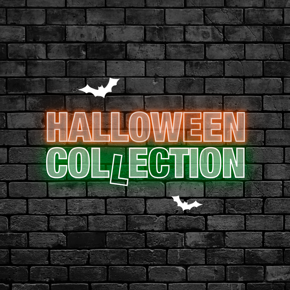 A Halloween-themed neon sign reading 'HALLOWEEN COLLECTION' in glowing orange and green letters, mounted against a dark gray brick wall with two small white bat silhouettes.