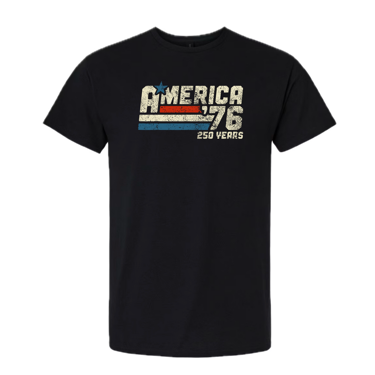 Black t-shirt with 'America '76 250 Years' design on a white background