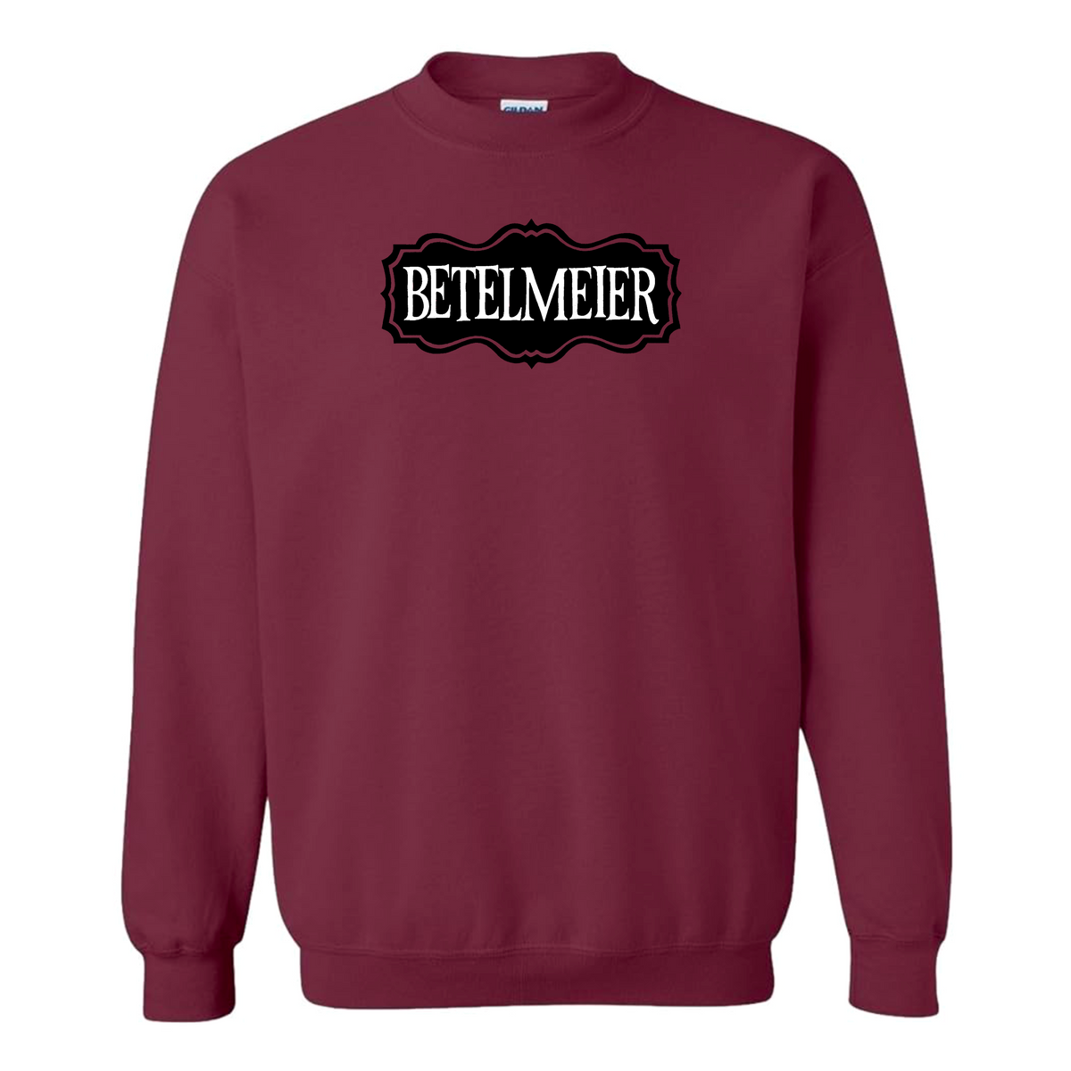 Maroon sweatshirt with 'BETELMEIER' printed on a white background