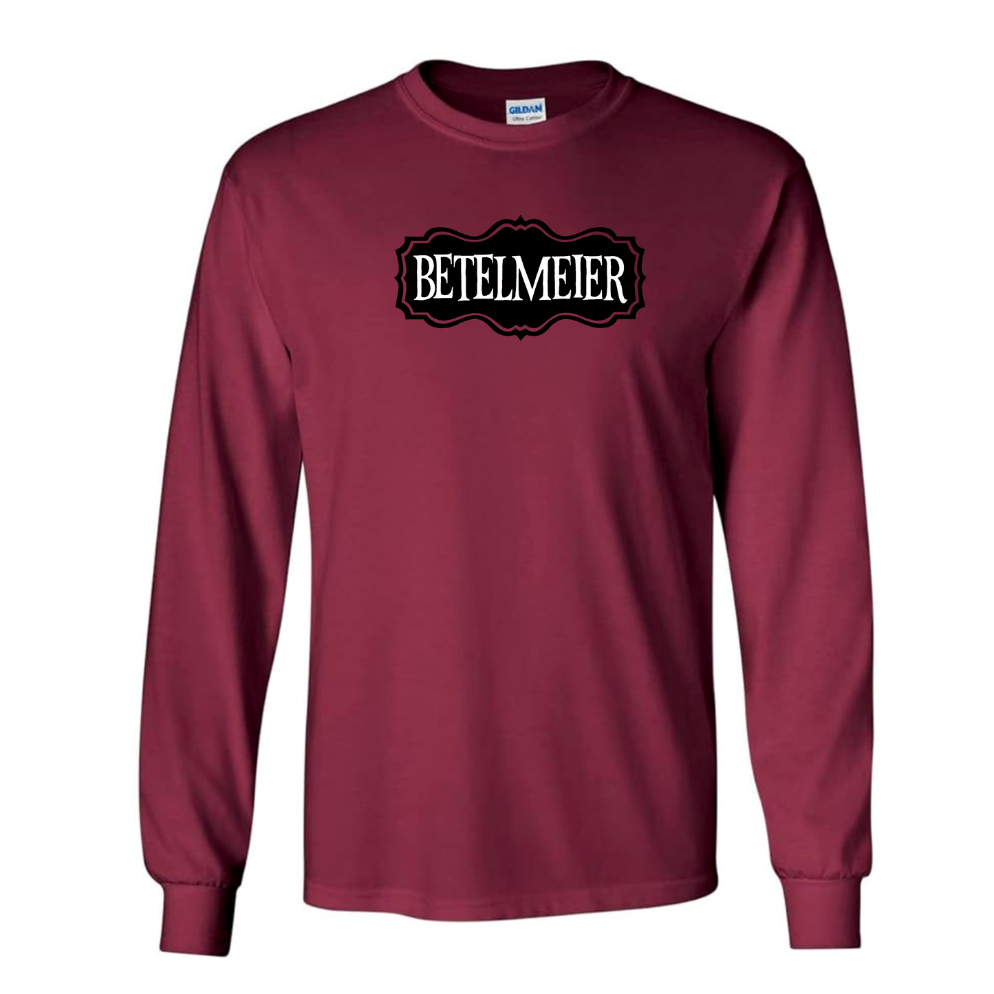 Maroon long-sleeve shirt with 'BETELMEIER' print on a white background