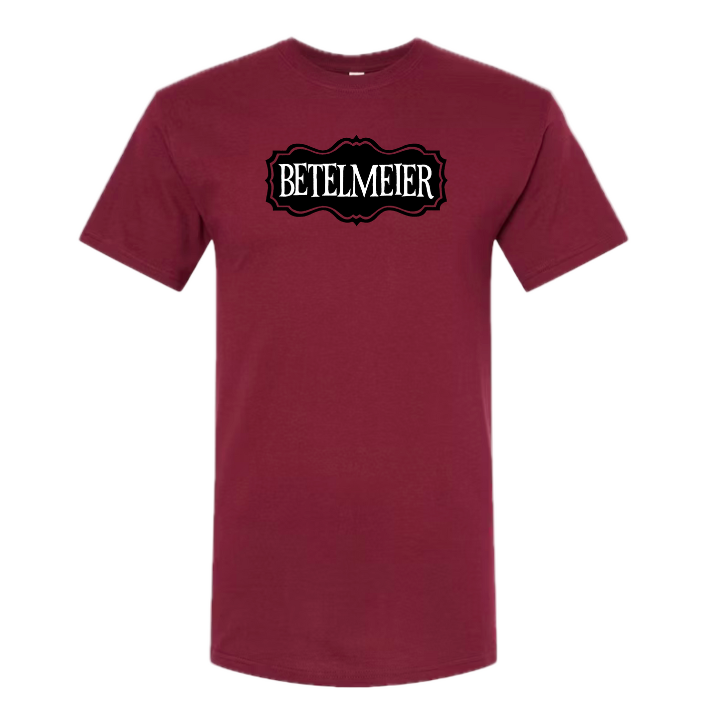Maroon t-shirt with 'BETELMEIER' logo on a white background