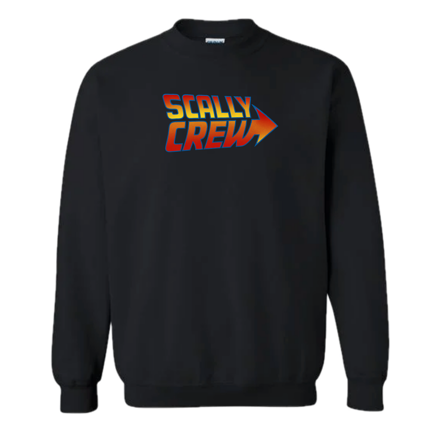 Black sweatshirt with 'Scally Crew' text and logo on a white background
