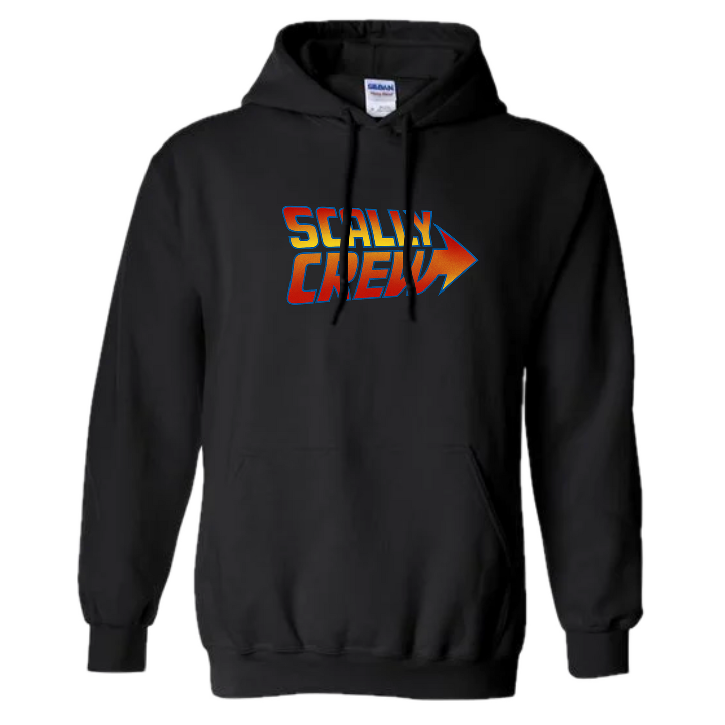 Black hoodie with 'Scally Crew' text and logo on a white background