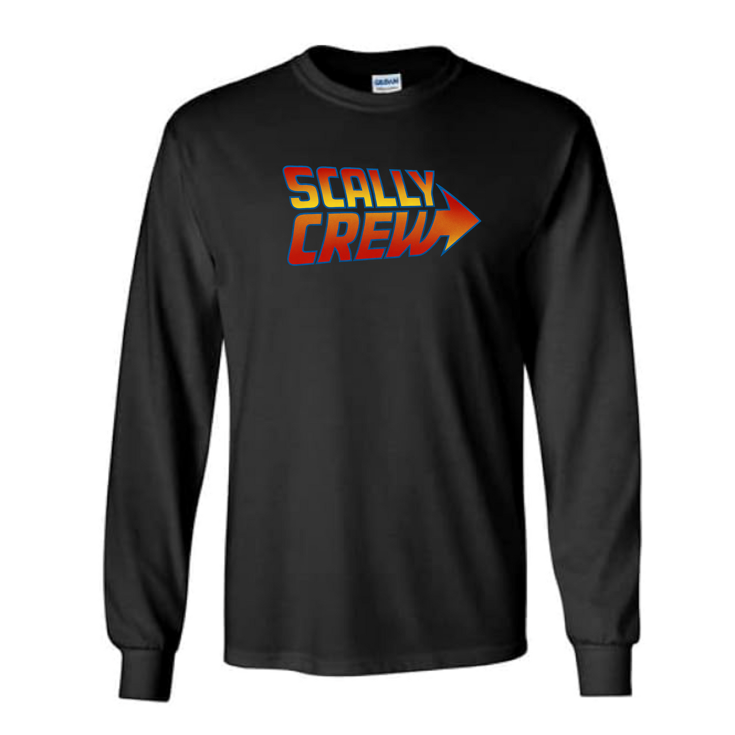 Black long-sleeve shirt with 'Scally Crew' text and logo on a white background