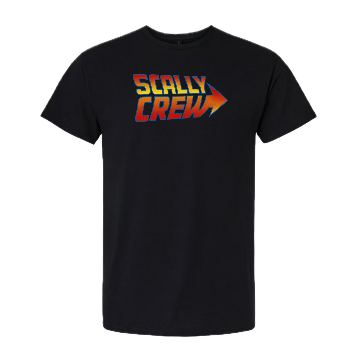 Black t-shirt with 'Scally Crew' text and logo on a white background
