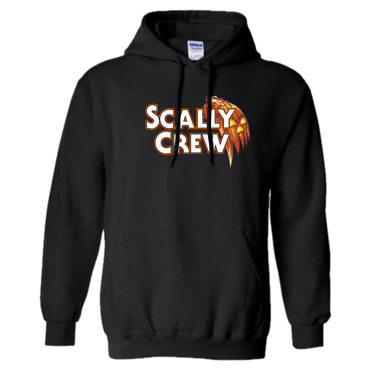 Black hoodie with 'Scally Crew' text and logo on a white background