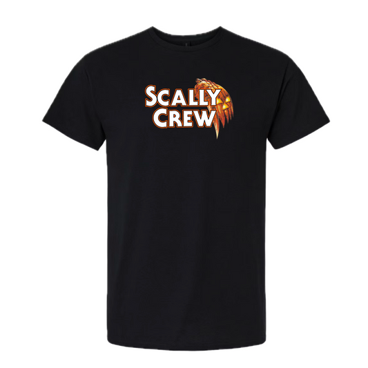 Black t-shirt with 'Scally Crew' text and logo on a white background