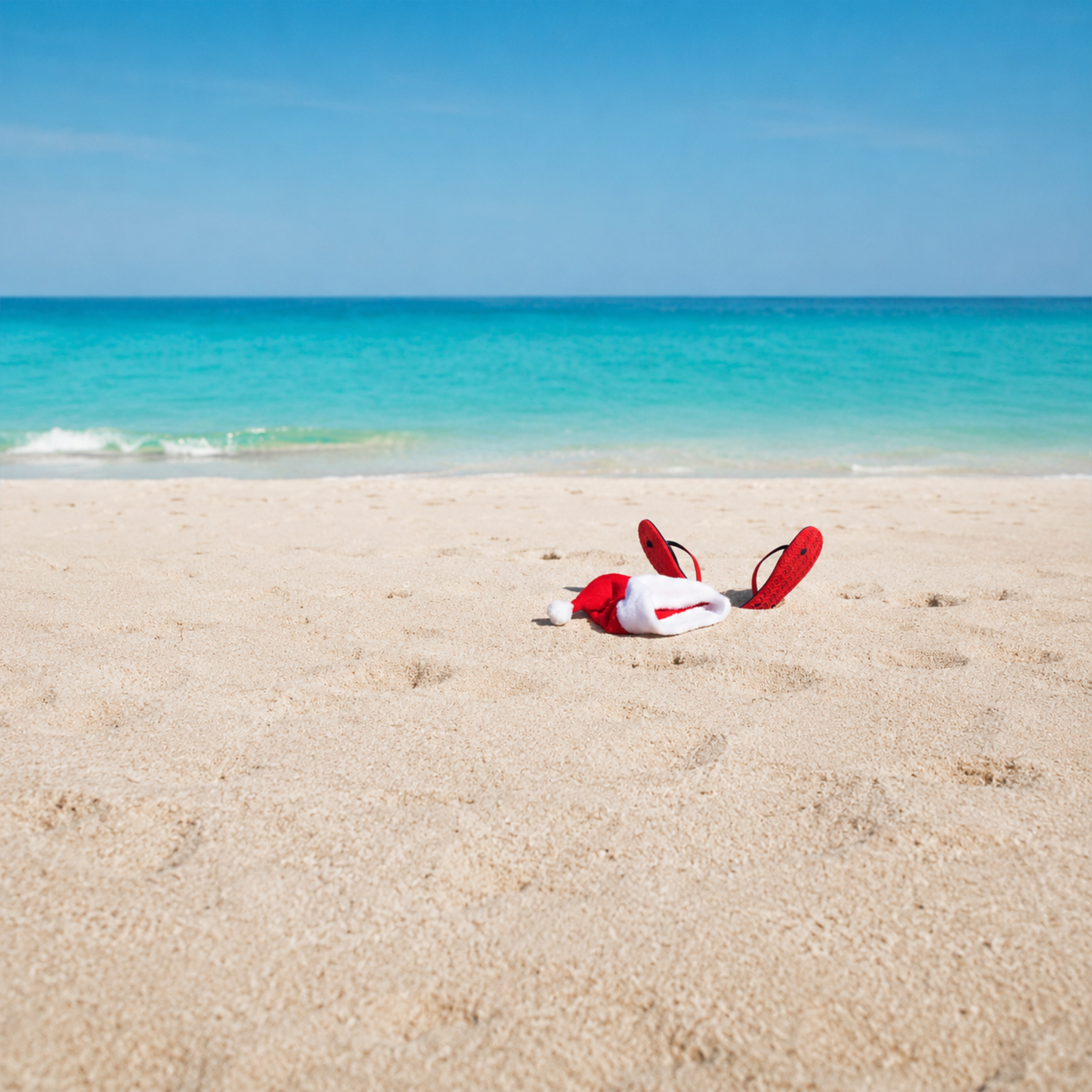 Red flip flops and a Christmas at in the sand on a beach in summer