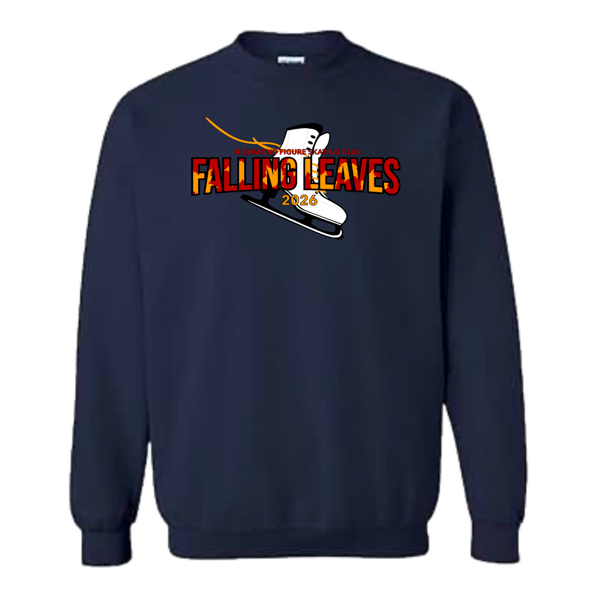 A navy blue crewneck sweatshirt featuring a graphic on the chest of a hockey stick, a hockey skate, and the text 'FALLING LEAVES 2026' in red and yellow.