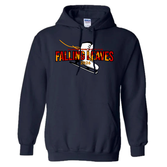 Navy hoodie with 'Falling Leaves' graphic on a white background