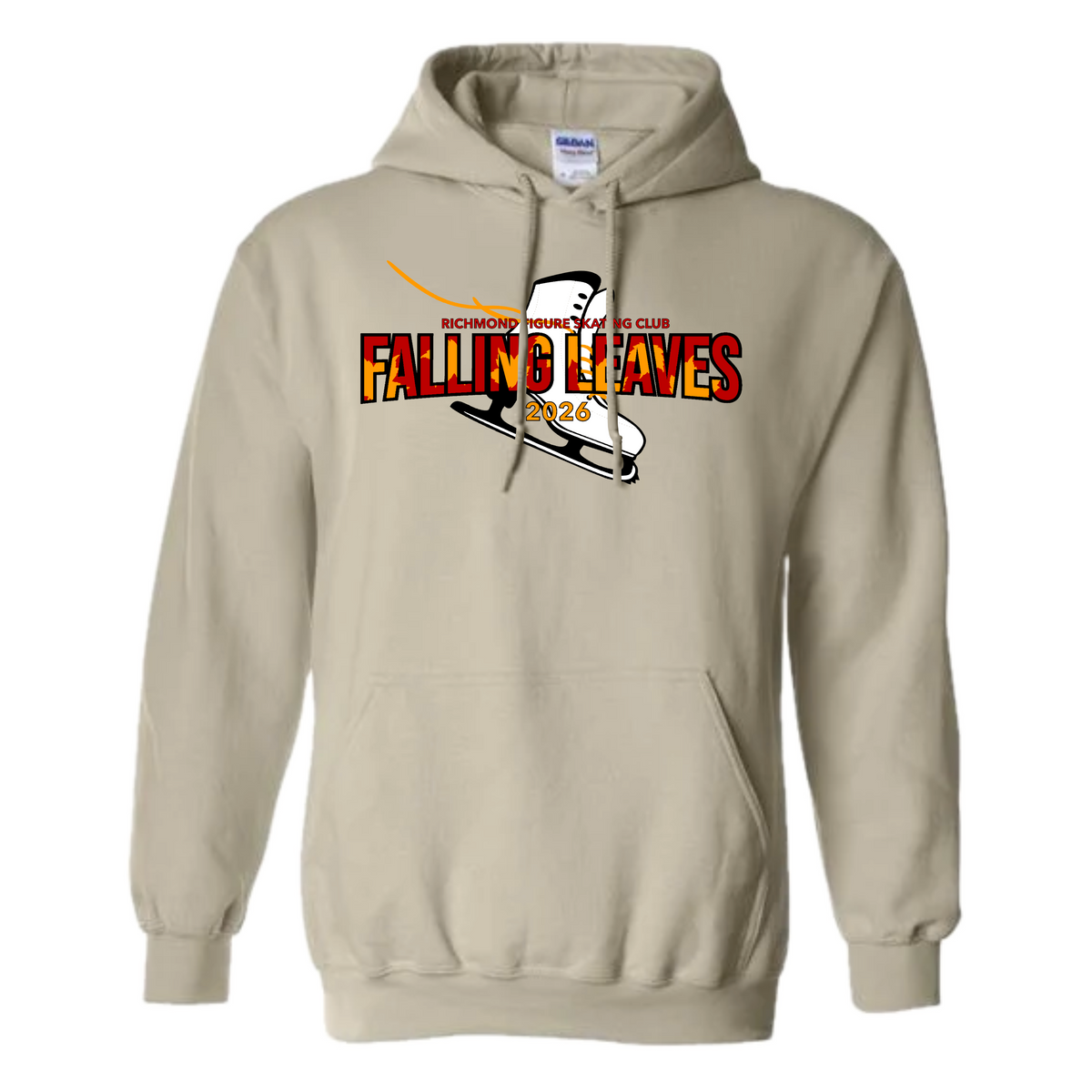 A beige pullover hoodie featuring a graphic on the chest with the text 'FALLING LEAVES 2026' in red, orange, and yellow.