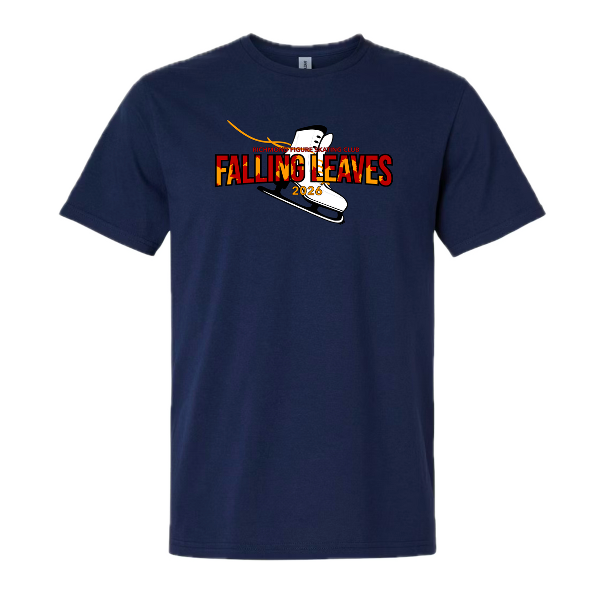 A navy short-sleeve crewneck t-shirt featuring a graphic on the chest that reads 'FALLING LEAVES' in yellow and red