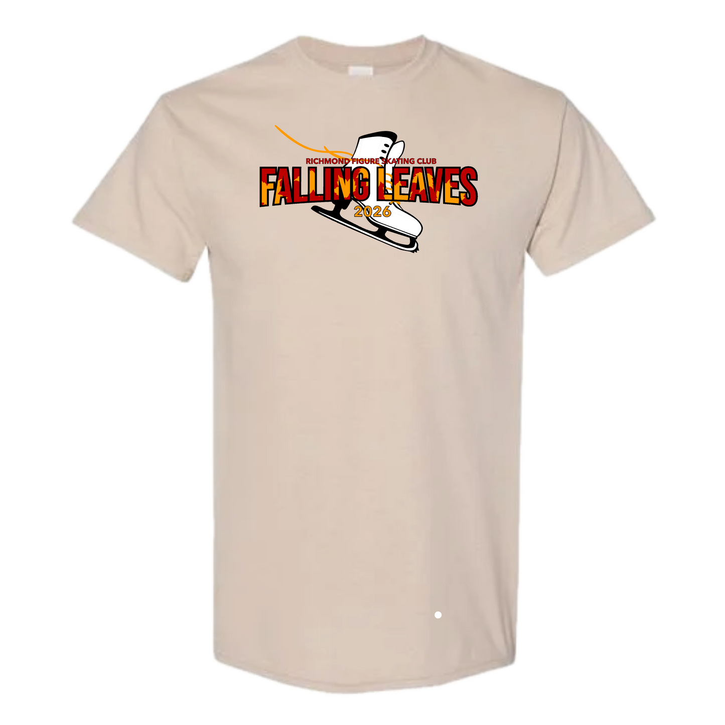 A light beige crewneck t-shirt with a graphic on the chest featuring a hockey theme and the text 'FALLING LEAVES 2026'.