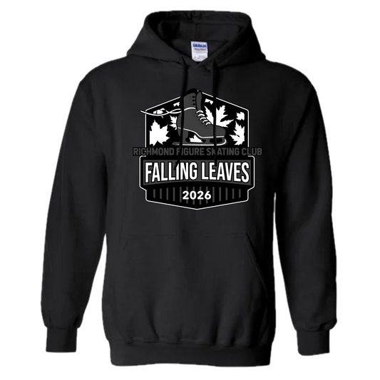 A black pullover hoodie with a white graphic print on the front. The graphic features a silhouette of a figure skater surrounded by falling leaves, with the text 'RICHMOND FIGURE SKATING CLUB', 'FALLING LEAVES', and '2026'.