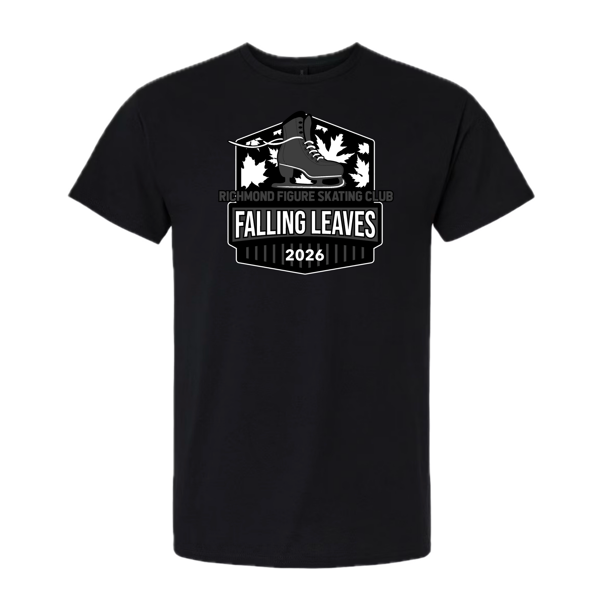 A black short-sleeve crewneck t-shirt featuring a white graphic print on the front. The graphic displays a hexagonal design with a figure skate, maple leaves, and the text 'RICHMOND FIGURE SKATING CLUB', 'FALLING LEAVES', and '2026'.