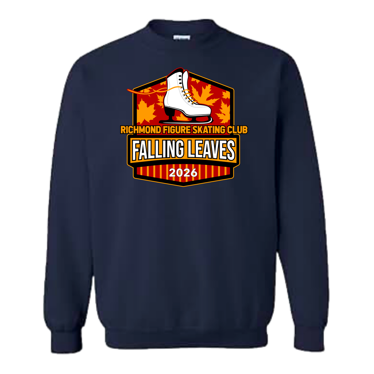 A navy blue crewneck sweatshirt featuring a graphic print on the chest for the 'Richmond Figure Skating Club Falling Leaves 2026' event, with a white ice skate on an orange maple leaf background.