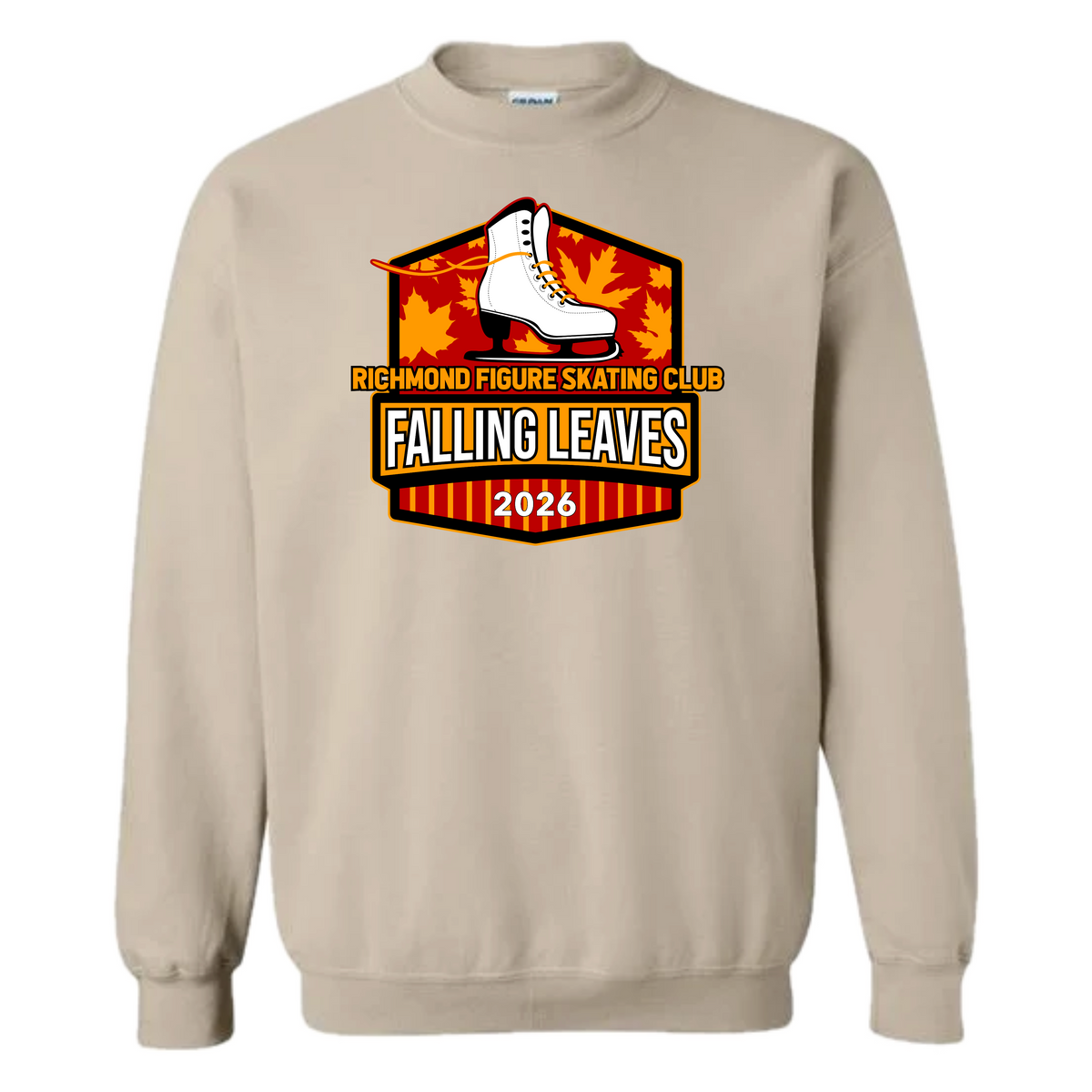 A beige crewneck sweatshirt featuring a large graphic on the chest for the 'Richmond Figure Skating Club Falling Leaves 2026' event, with a white ice skate over orange maple leaves.