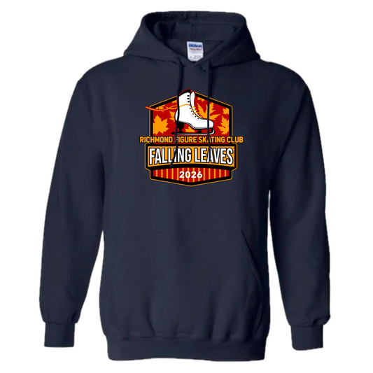 Navy hoodie with Richmond Figure Skating Club Falling Leaves logo on a white background