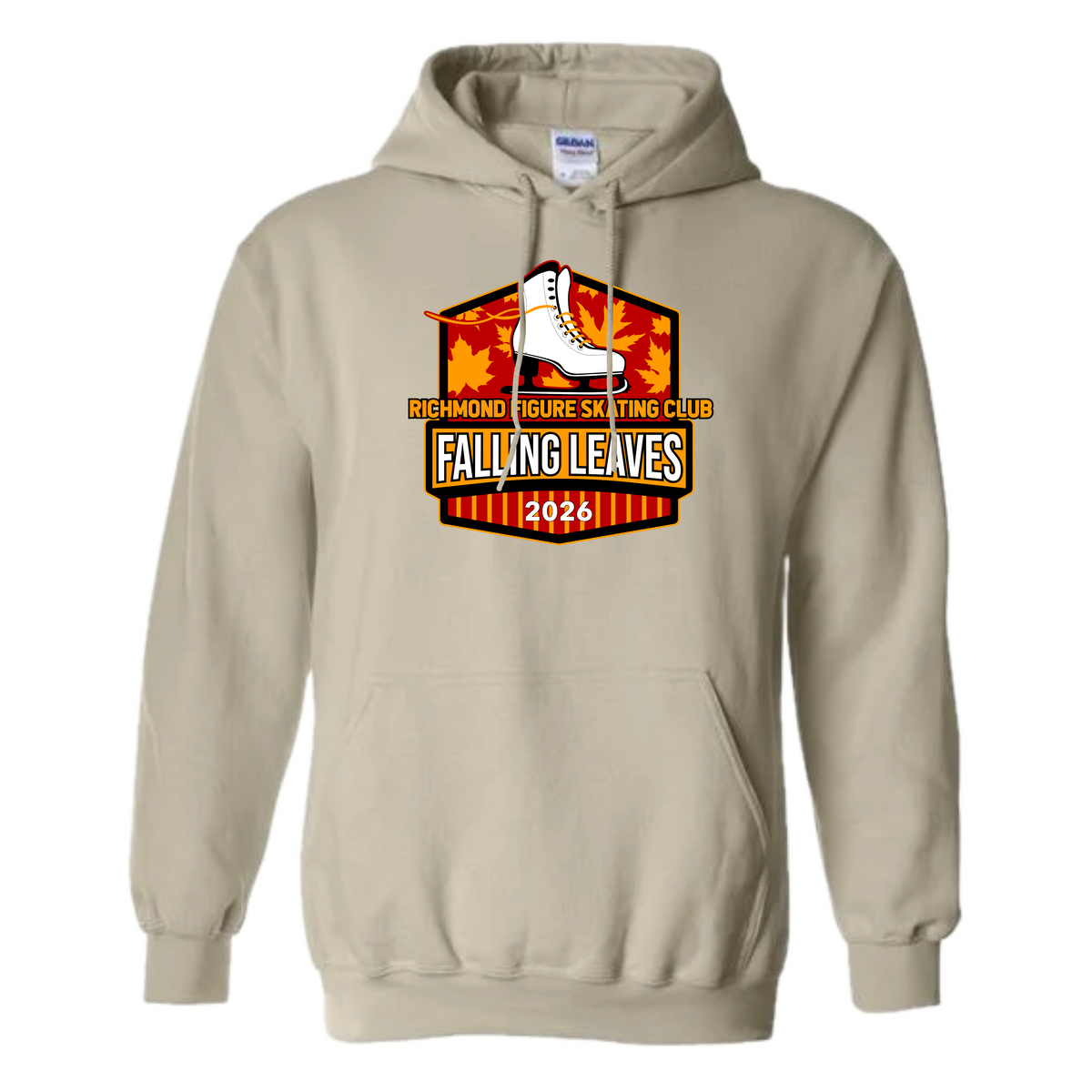 A light beige pullover hoodie featuring a 'Richmond Figure Skating Club - Falling Leaves 2026' graphic on the chest, displayed against a solid white background.