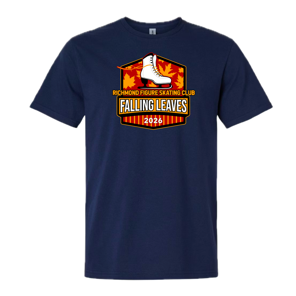 A navy blue short-sleeve crewneck t-shirt featuring a graphic on the chest for the 'Richmond Figure Skating Club Falling Leaves 2026' event, with a white roller skate illustration over orange and yellow autumn leaves.