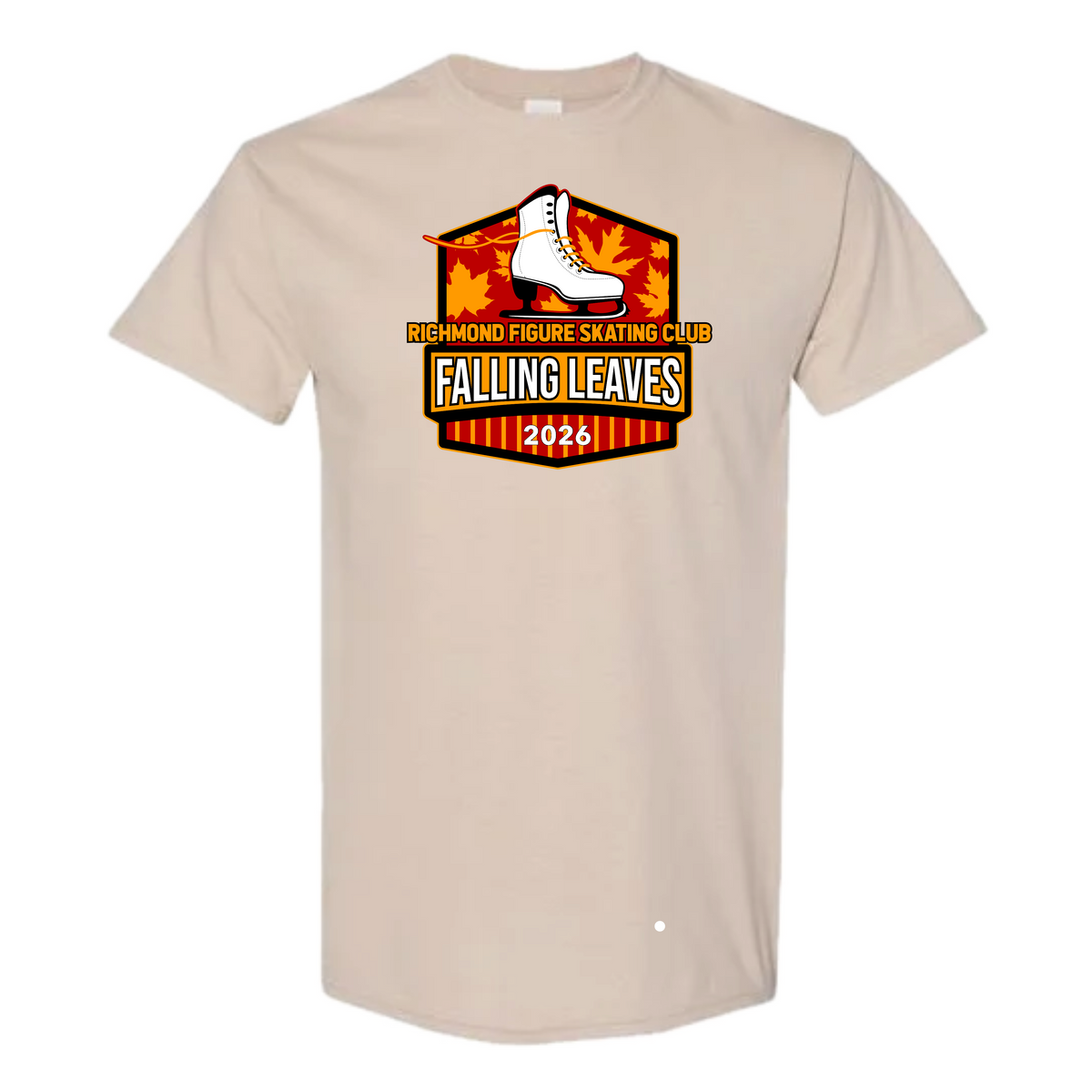 A light beige crewneck t-shirt featuring a 'Richmond Figure Skating Club - Falling Leaves 2026' graphic on the chest, displayed against a solid white background.