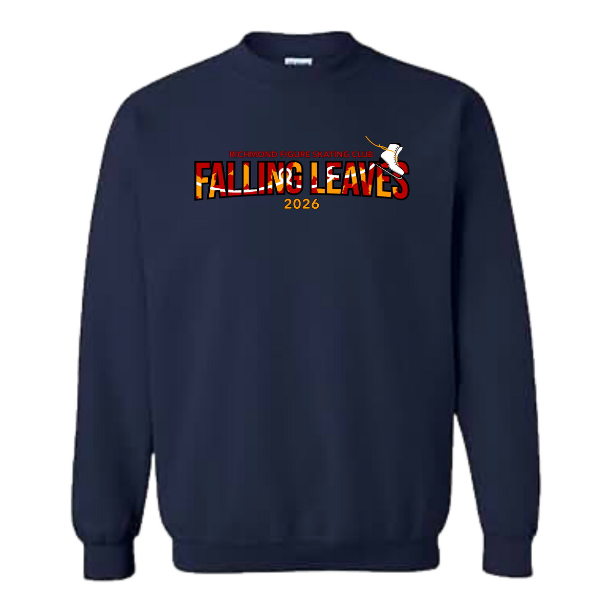 A navy blue crewneck sweatshirt featuring a graphic on the chest that reads 'FALLING LEAVES 2026' in red, orange, and yellow, with a small white leaf graphic.