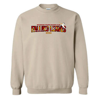 A beige crewneck sweatshirt featuring a graphic on the chest that reads 'RICHMOND FIGURE SKATING CLUB FALLING LEAVES 2026' in a red, orange, and yellow flame-filled font, with a figure skater illustration.
