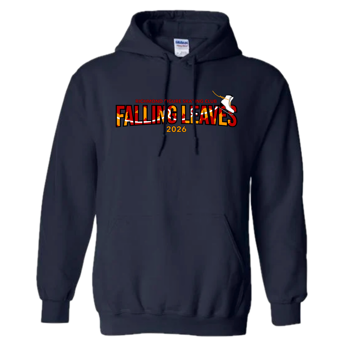 A navy blue hoodie with a 'FALLING LEAVES 2026' graphic on the chest, featuring a small white marshmallow graphic, shown against a plain white background.