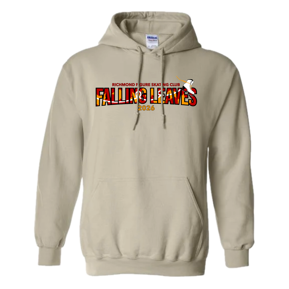 A beige pullover hoodie with a graphic on the chest reading 'RICHMOND FIGURE SKATING CLUB FALLING LEAVES 2026' in red, orange, and yellow tones, shown on a plain white background.